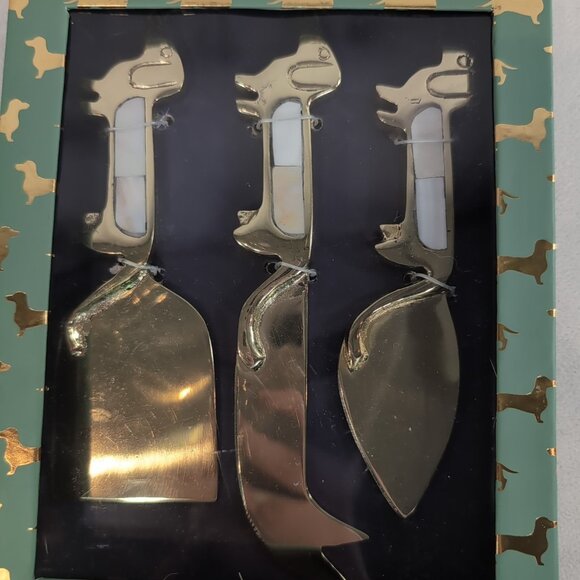 Anthropologie 3 Cheese Knives Weiner Dogs Gold Mother Pearl Mackenzie Dachshund - Picture 2 of 9